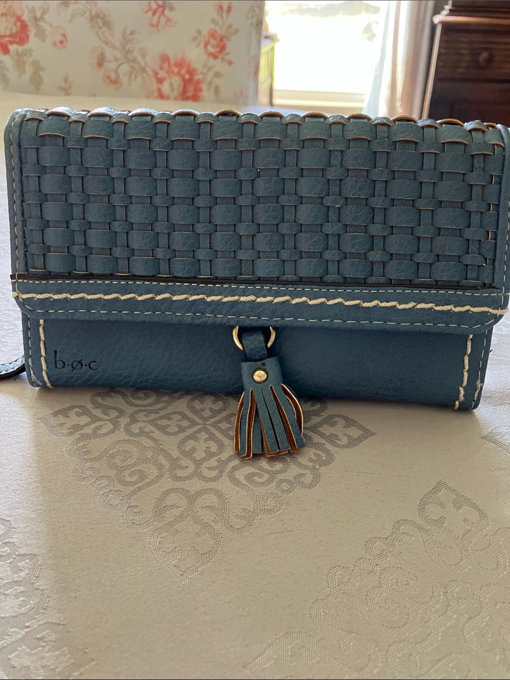 b.o.c. Teal Woven Leather Tassel Crossbody Wallet